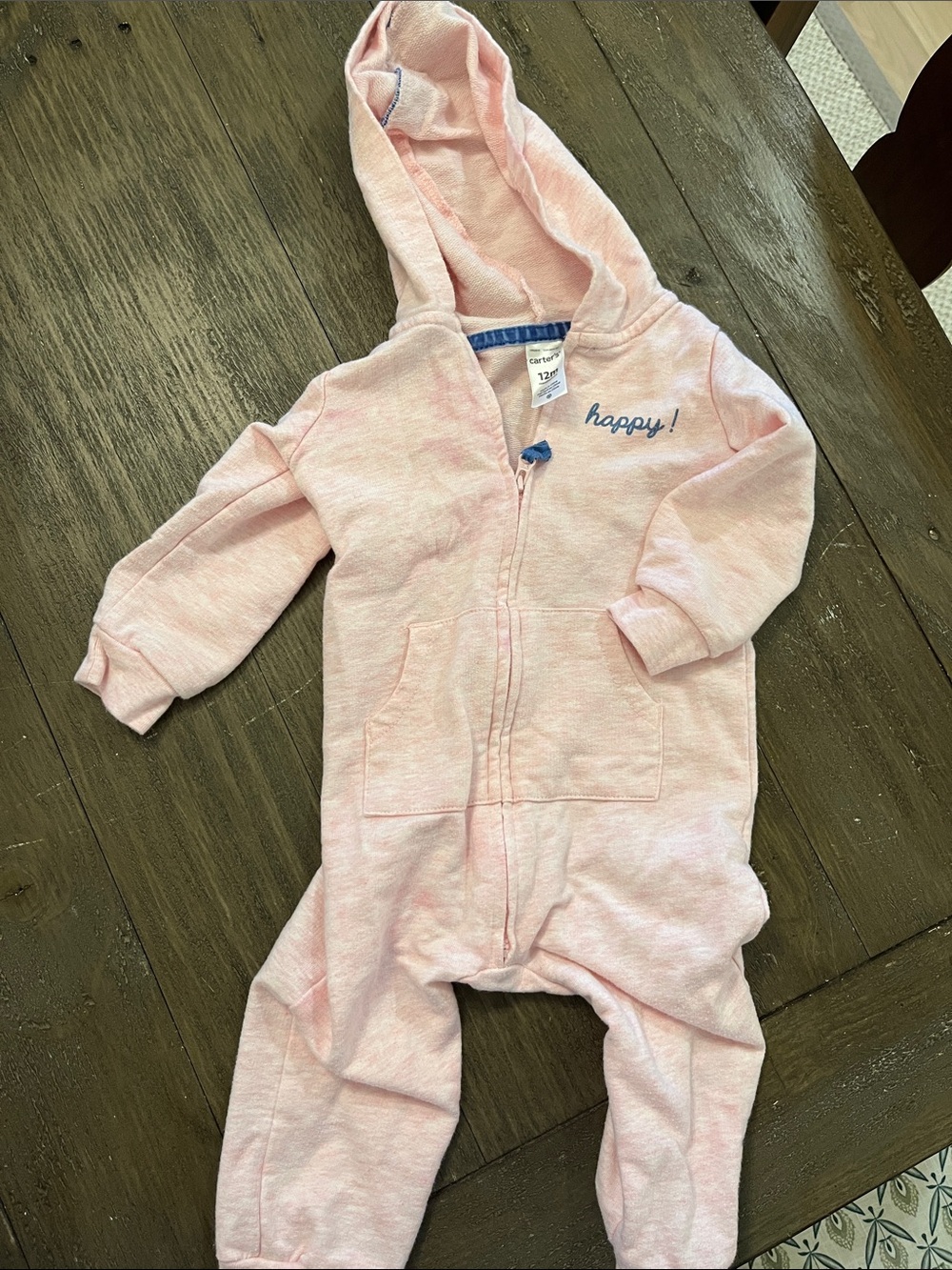 12 month carters Dino hood Baby Pink Hooded Onesie with "happy!" Embroidery
